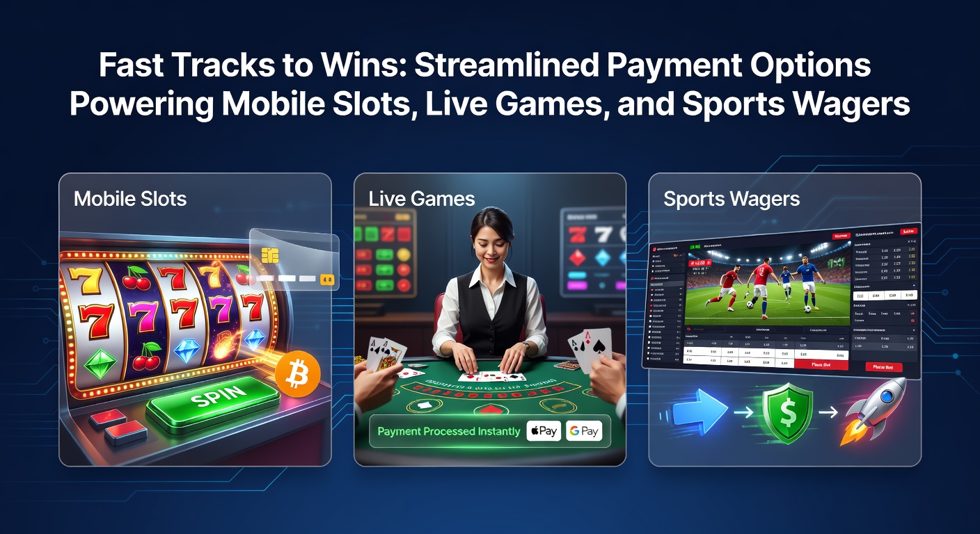 Mobile Gerät zeigt Slot-Spiel mit Zahlungsoptionen wie E-Wallets und Instant-Banking im Vordergrund, während ein Live-Casino-Tisch und Sportwetten-Quotes im Hintergrund erscheinen